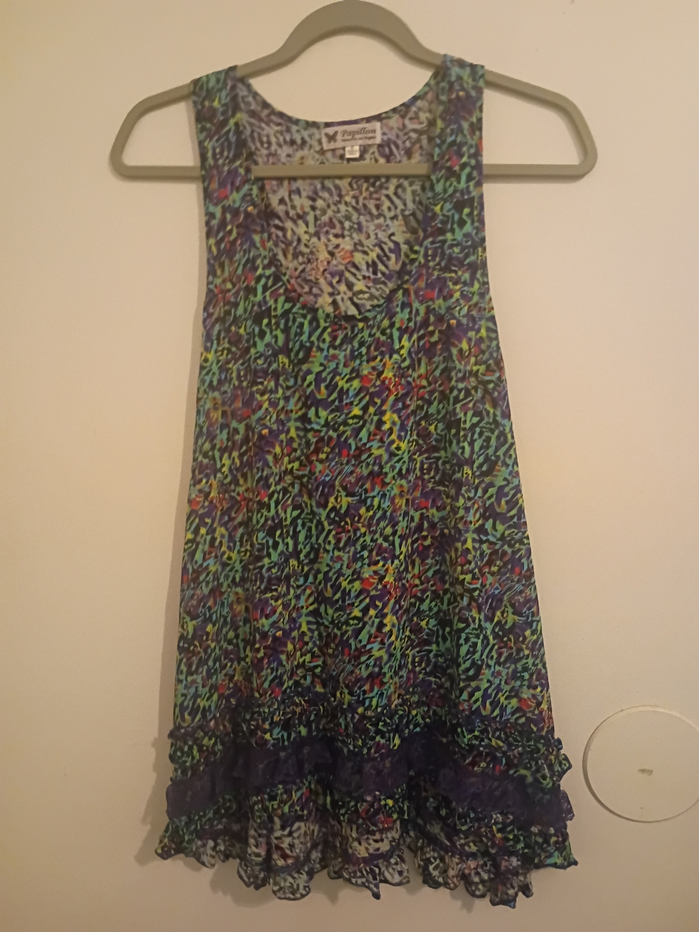 Papillon‎ Women's Multicolor Printed Ruffled Hem Tank Lace On Bottom Top Sz M